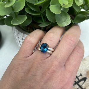 STUNNING London Blue Topaz Wedding Ring Set-Solid 9k Rose Gold & Sterling Silver